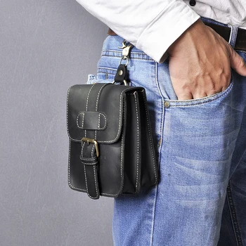 

Hot Sale Quality Leather men Casual Design Small Waist Bag Pouch Cowhide Fashion Hook Fanny Waist Belt Pack Phone Case 016-b
