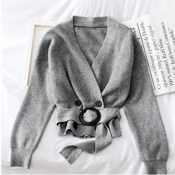 

stylsh 2019 new knitted women sweaters and cardigan solid v-neck sash lantern sleeved loose short slim lady outwear coat tops