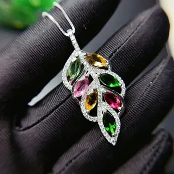

MEIBAPJ COLORFUL TOURMALINE BIG LEAF PENDANT NECKLACE WITH CERTIFICATE 925 PURE SILVER FINE CHARM WEDDING JEWELRY FOR WOMEN