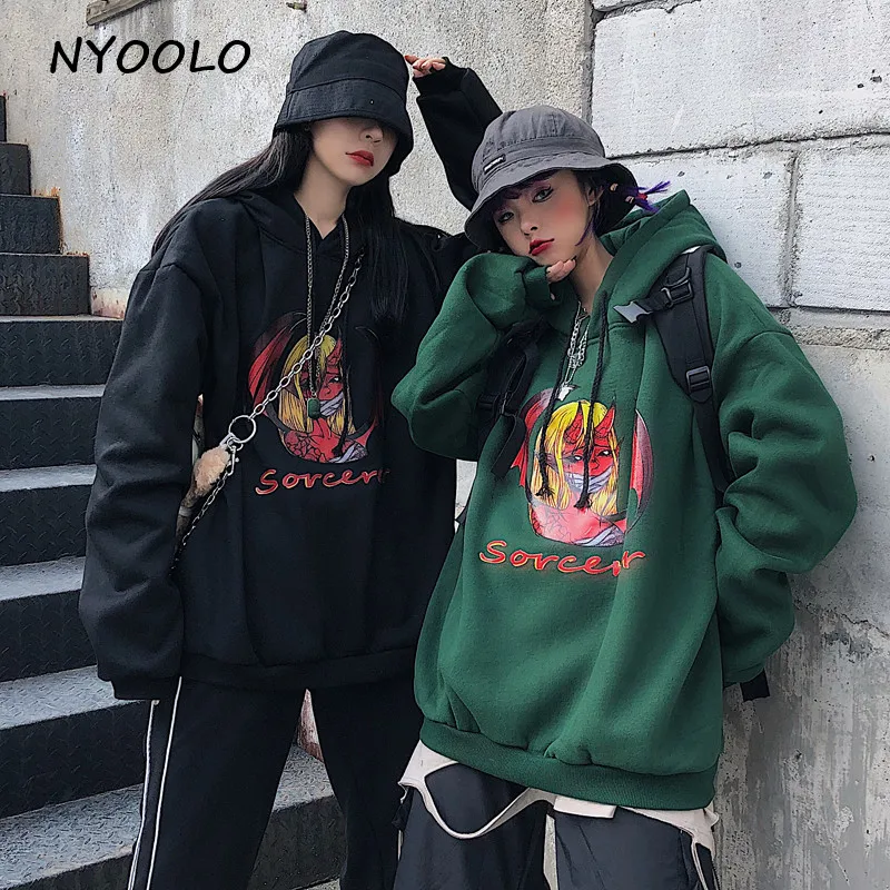 NYOOLO Harajuku, уличная одежда, с принтом ведьмы, теплые толстовки, Осень-зима, свободные, с капюшоном, плюс бархат, пуловер, Толстовка для женщин и мужчин
