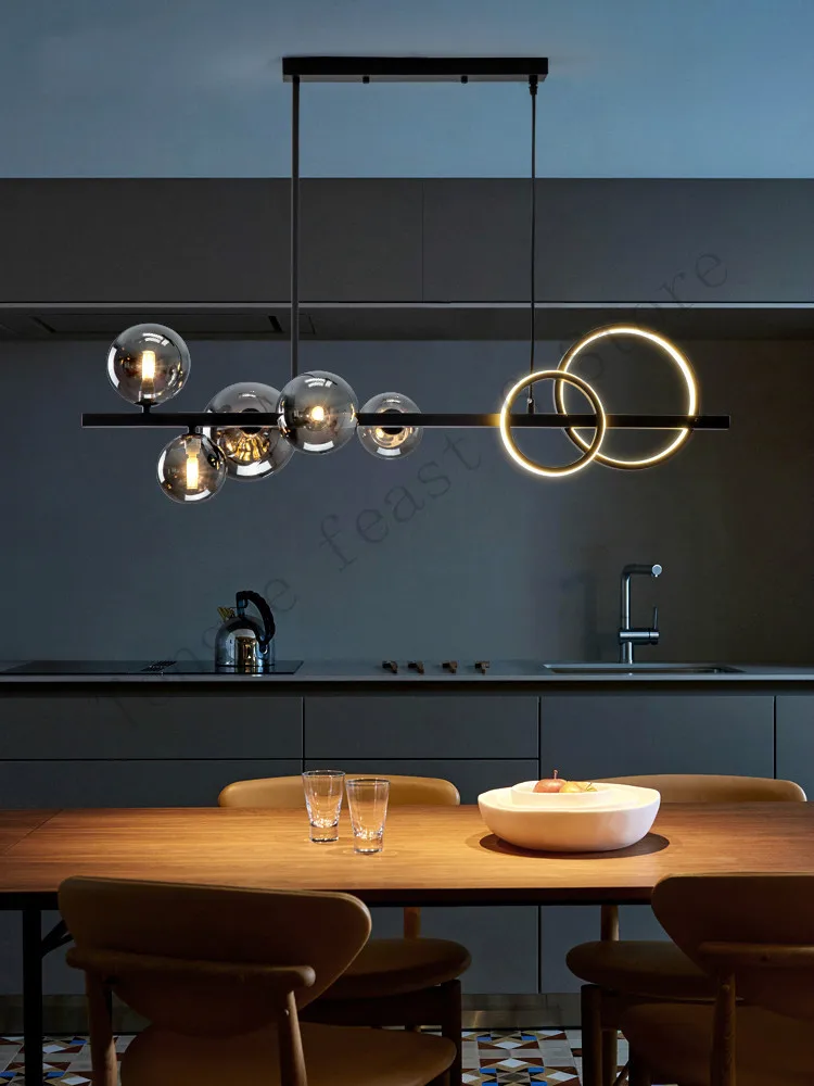 Modern restaurant LED chandelier lighting Nordic creative glass ball black long hanging lamp restaurant bar cafe Pendant Lamp