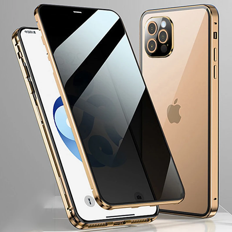 

Anti Glare Magnetic Case For iPhone 14 Pro MAX 13 12 15 Plus Case Privacy Screen Glass Cover Metal Bumper Camera Protector Film