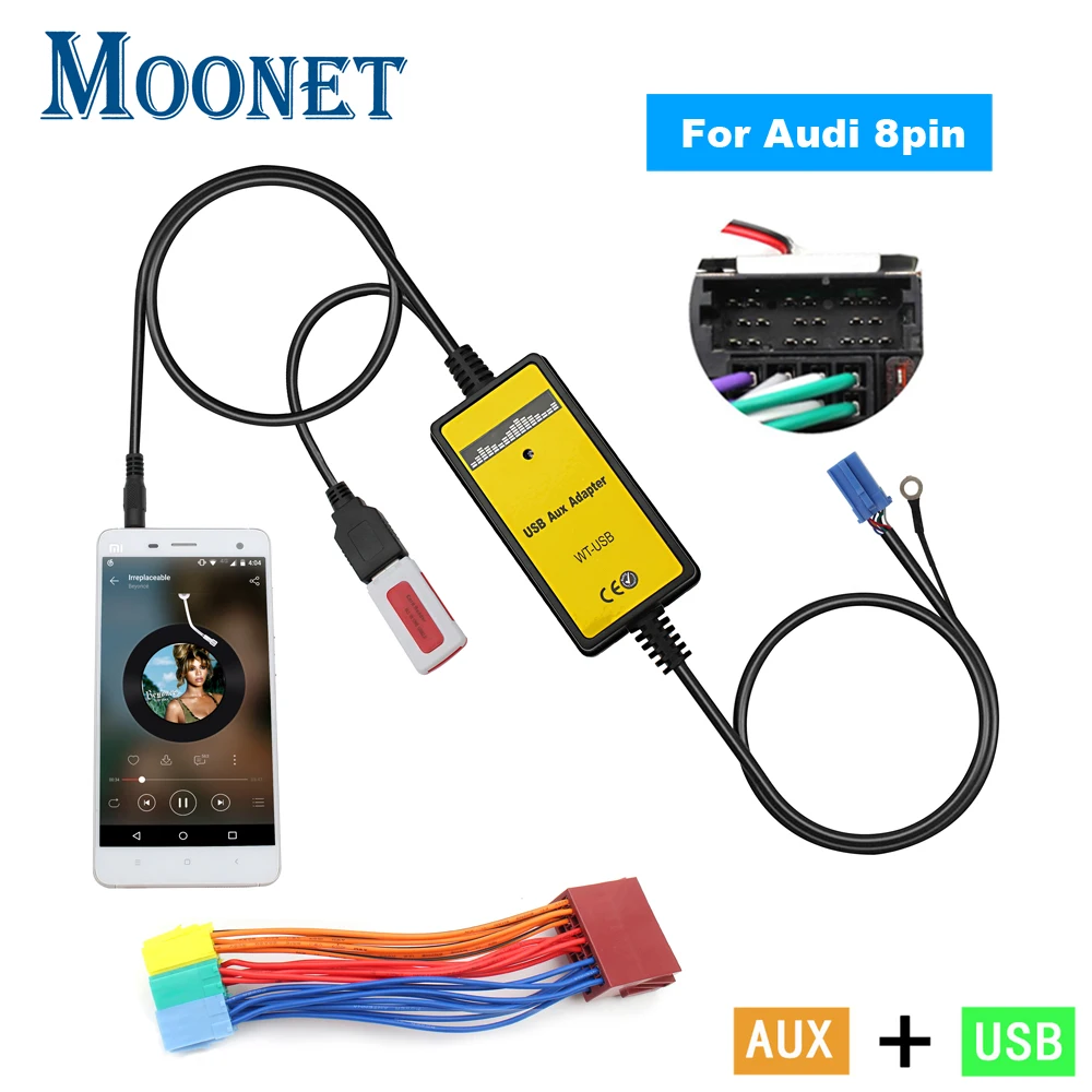 Moonet Car Audio USB AUX Adapter (8pin) with 20pin Wiring for Audi A2, A3, A4/S4, A6/S6, A8/S8, TT, All Road