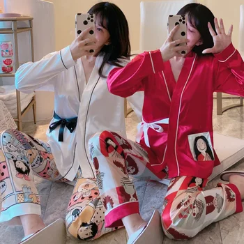 

2020 Autumn Long Sleeve Silk Satin Comic Print Kimono Pajama Sets for Women Sleepwear Suit Pyjamas Homewear Pijama Mujer Clothes