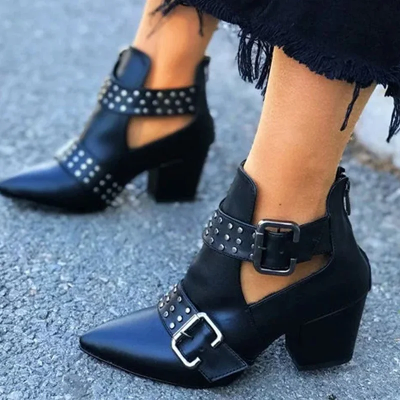 

New Autumn Women Pointed Toe Metal Zip Ankle Boots Ladies Chunky High Heels Female Fashion Short Boots Woman Shoes Plus Size