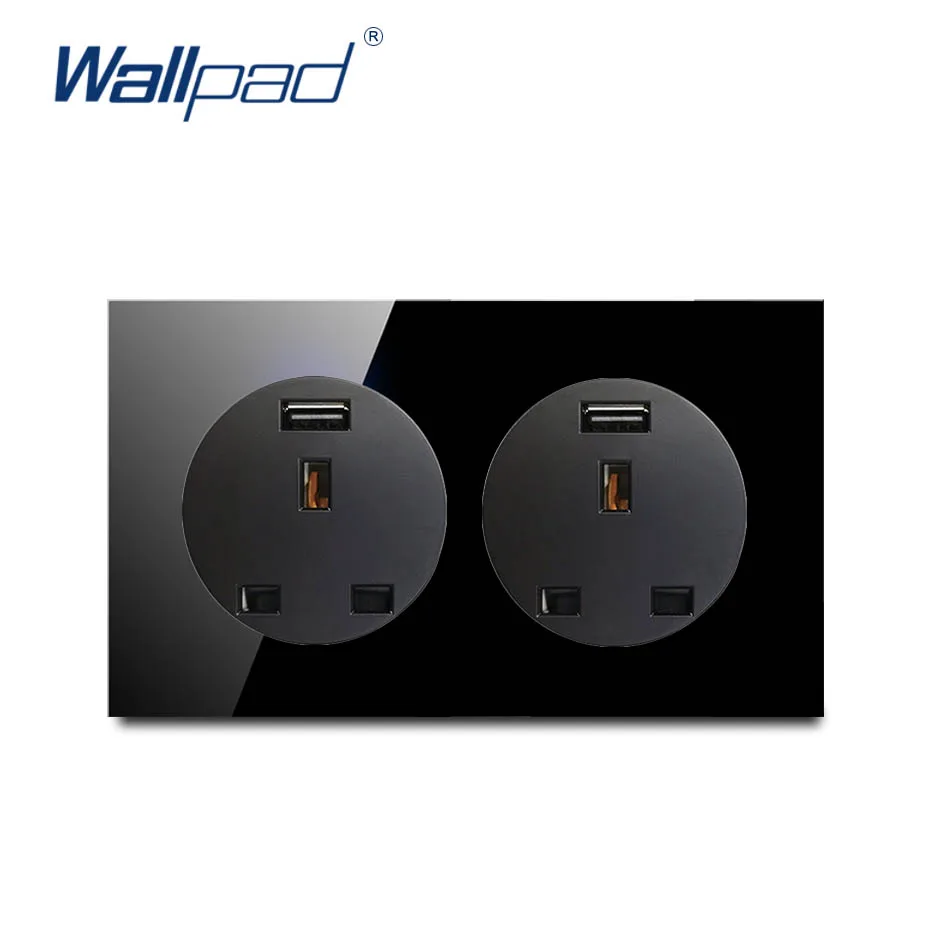 Wallpad Dual 3 Pin UK Socket With USB Charger Wall Power Crystal Tempered Pure Black Glass Panel Outlet Grounded 146*86mm | Обустройство