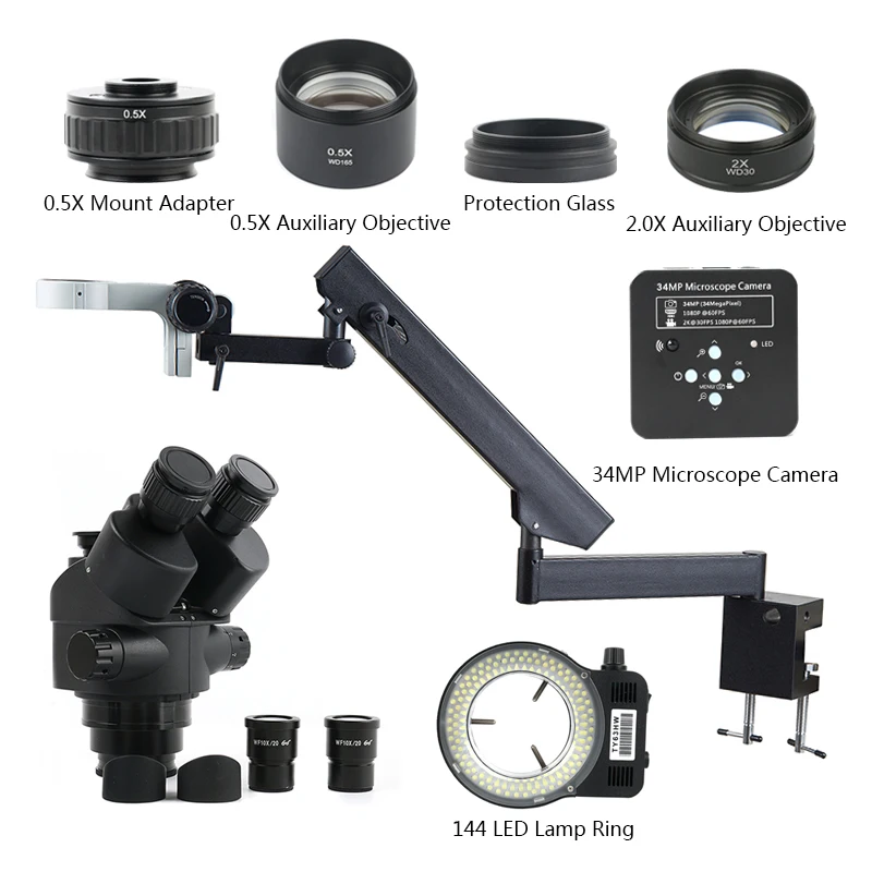 

2019 3.5X - 90X Articulating Arm Pillar Clamp Simul Focal Zoom Trinocular Stereo Microscope + 34MP 1080P HDMI USB Video Camera