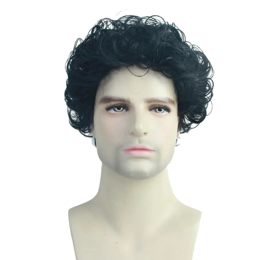 Fashion Black Natural Short Curly Wigs Wavy Hairstyle Synthetic Fiber Hair Wigs 10 inch for Men, Heat Resistant 