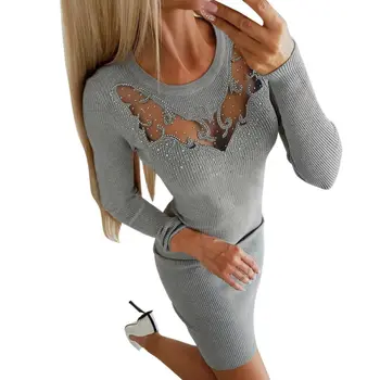 

Sexy Women Lace Jumper Dress Elegant Long Sleeve Knitted Dresses Ladies Bodycon Mini Dress Solid Color Hollow Out Womens Dresses