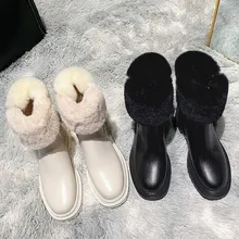 Bottines de neige en fourrure de lapin véritable pour femme, chaussures d'hiver en coton, peluche, chaudes, cuir Pu, plateforme, talon épais, 2021
