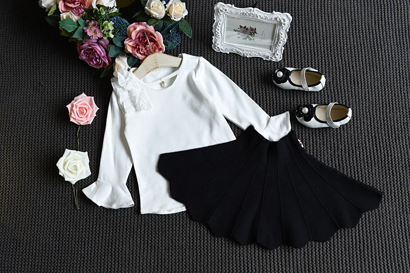 Autumn New For The Girl's Clothes Suit Long-sleeved Shirt Skirt 2 Piece Suit Pearl Flower Child's Clothes Flare Sleeve Suit