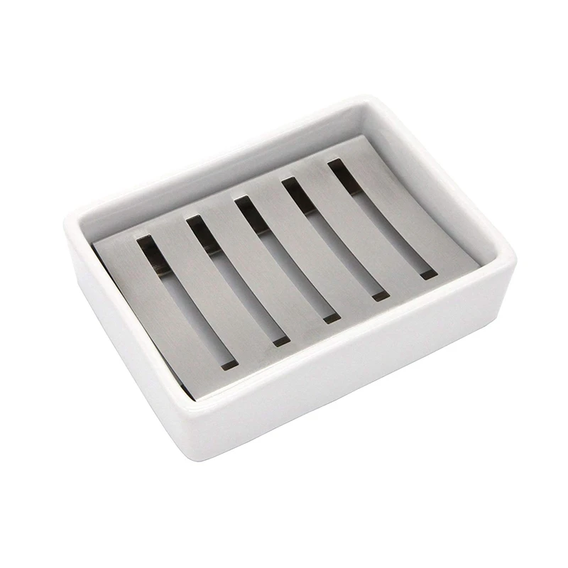 

Ceramic Soap Dish Stainless Steel Soap Holder For Bathroom And Shower Double Layer Draining Soap Box