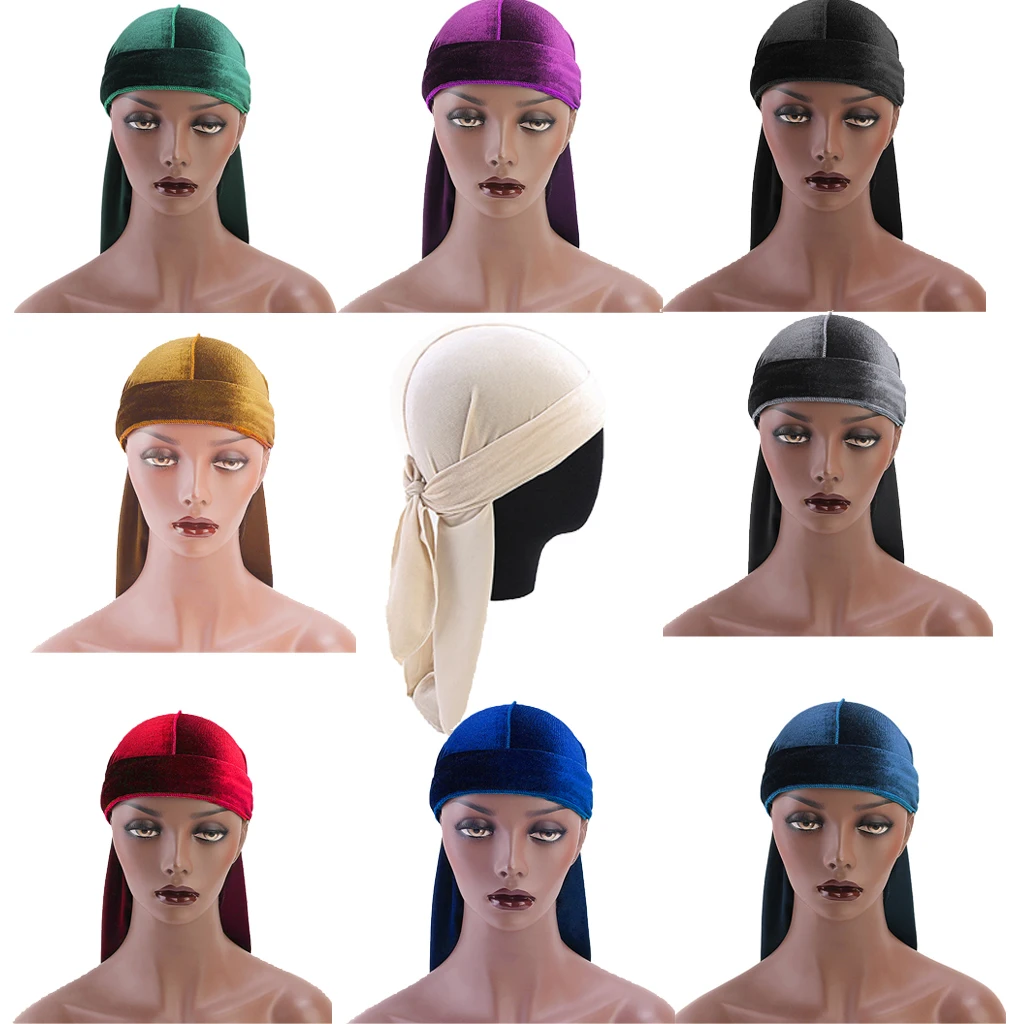 Women Men Long Tail Plain Velvet Bandana Turban Hat Durag Headwear Pirate Cap Head Wraps