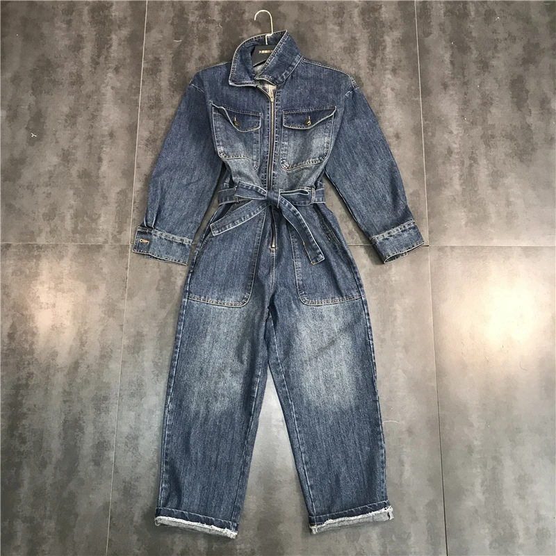 

New Chest Zipper Design Belt Handsome Jean Couplet Pants Jumpsuits