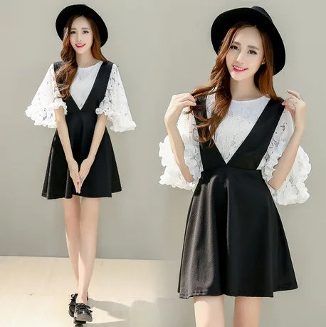 

2017 New Style Summer Sweet Ladies' Slimming Suspender Strap Lace Base Shirt Two-Piece Suit Dress