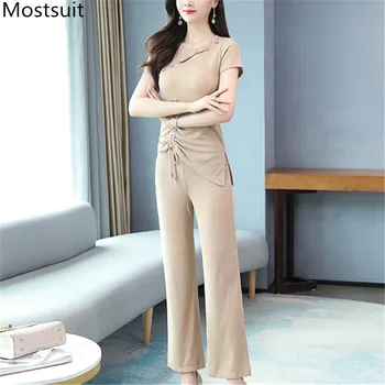 

2020 Summer Fashion Solid Two Piece Sets Women Buttons Hollow Tops + Elastic Waist Ankle-length Pants Suits Casual Office Sets