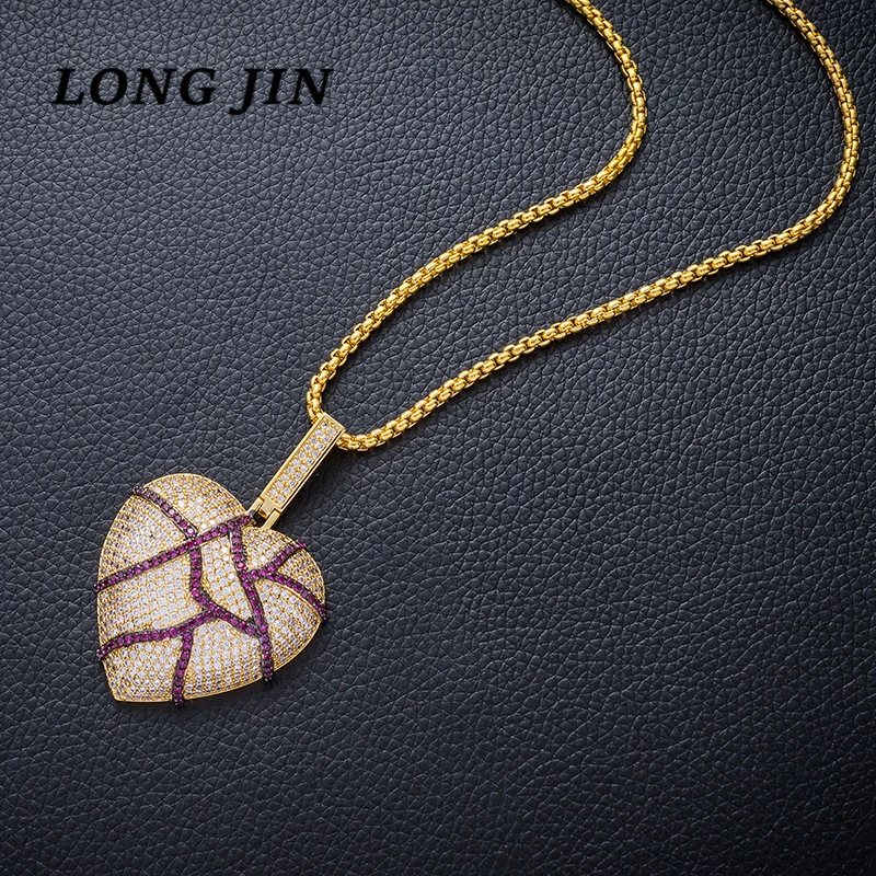 Personality Hip Hop Burst Texture Heart Shape Pendant Men And Women Couple RAP Trend Inlaid Purple Zircon Necklace Jewelry | Украшения и