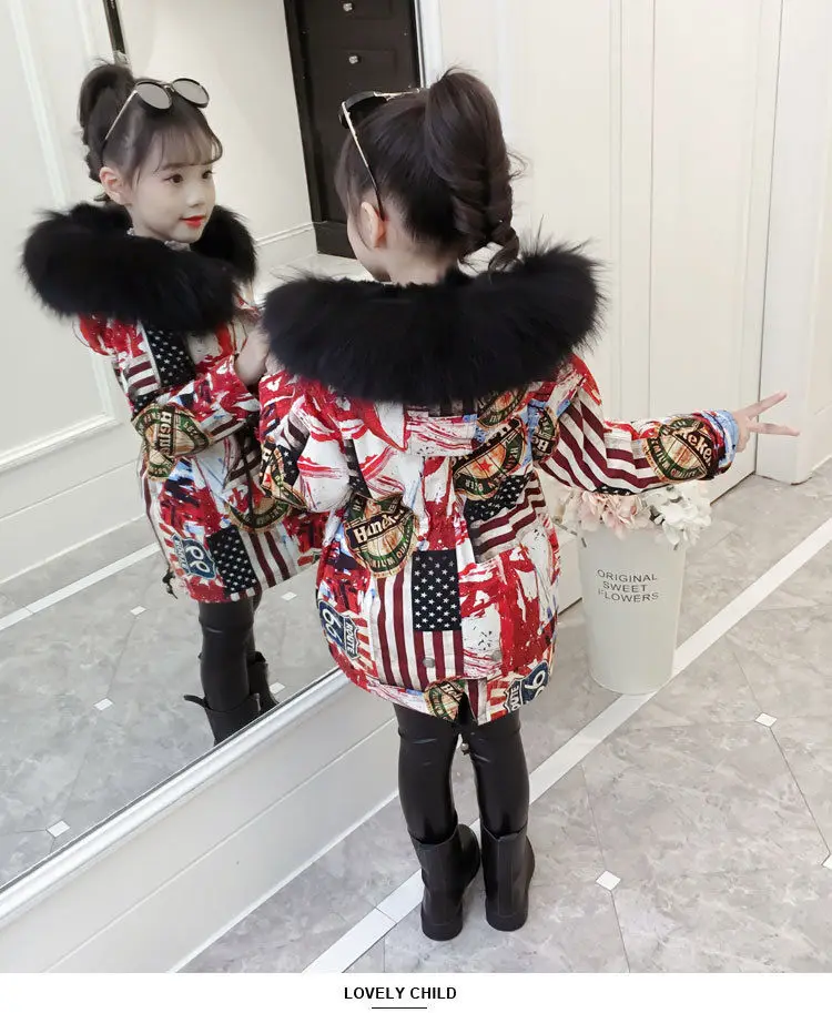 Fashion Children Winter down cotton Jacket Girl clothes Kids Warm Thick fur clothing Hooded long Coat For Teenage 4Y-13Y - Цвет: print-red