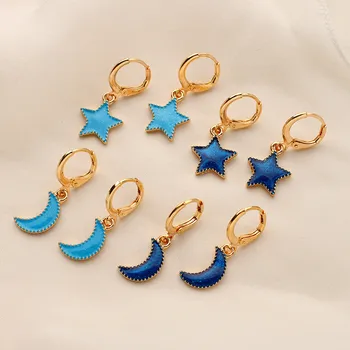 

Luokey Girls Romantic Funny Cute Blue Color Moon Star Earrings For Women Minimalist Jewelry Lady Party Club Huggie Hoop Earrings