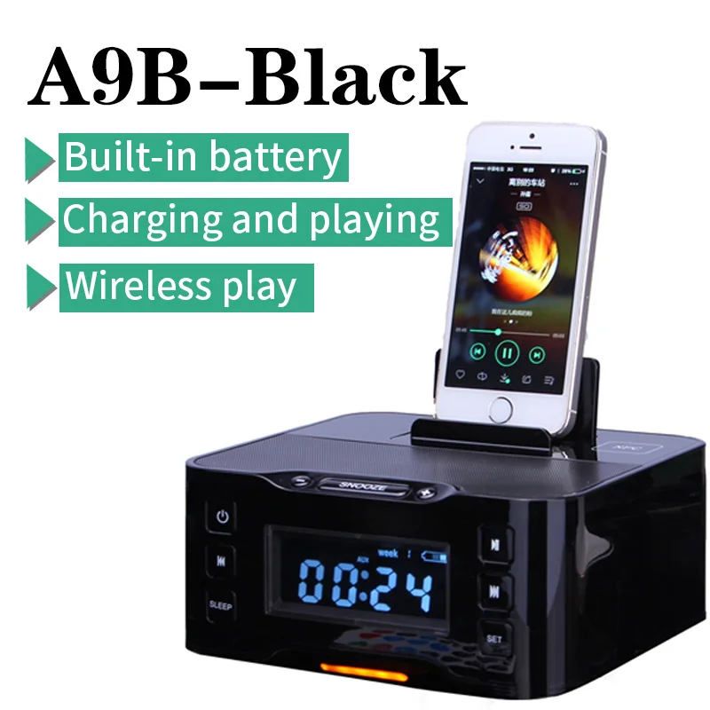 Док-станция А9 с ЖК-подсветкой для micro-USB смартфонов, iPhone 6, любых мобильников(USB-А разъем). Bluetooth-"свободные руки", FM-приемник, USB-флеш плеер, будильник - Цвет: A9B Black