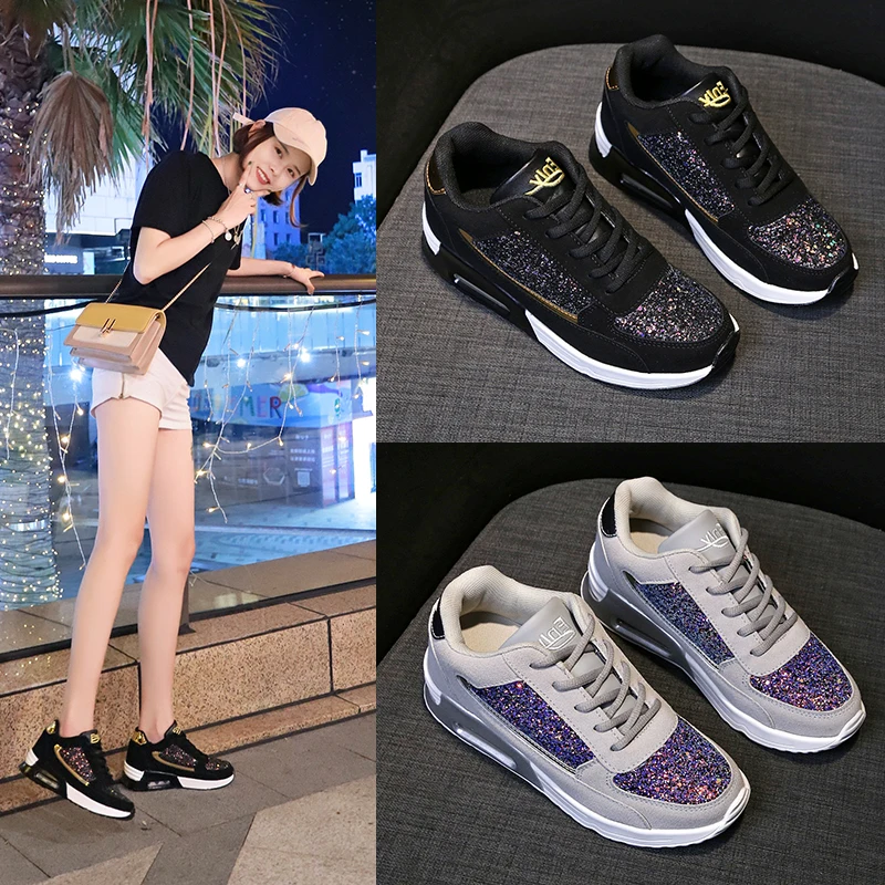 

Кроссовки женские из коровьей замши, 4 см, с блестками