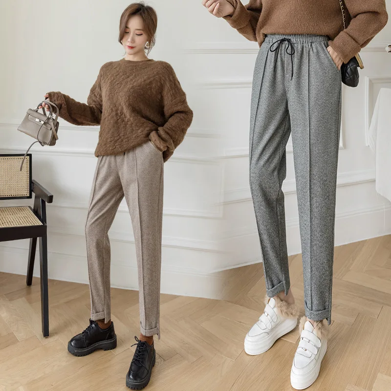 

Women's Pencil Pants Autumn Winter Plus Size OL Style Thick Woolen Harem Pants Female Casual Drawstring Suit Pant Ankle Trousers