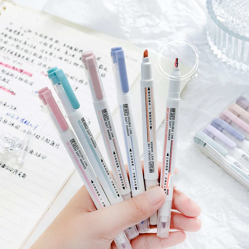 6pcs Double Line Soft Marker Pens Set Dual Side Lines Gel