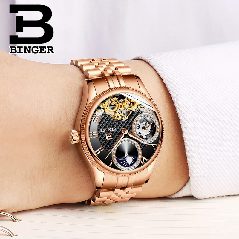

Zwitserland BINGER Luxe Merk Tourbillon Automatic Watch Mannen Luxe Diamant Mechanische Horloges Mens Klok erkek kol saati
