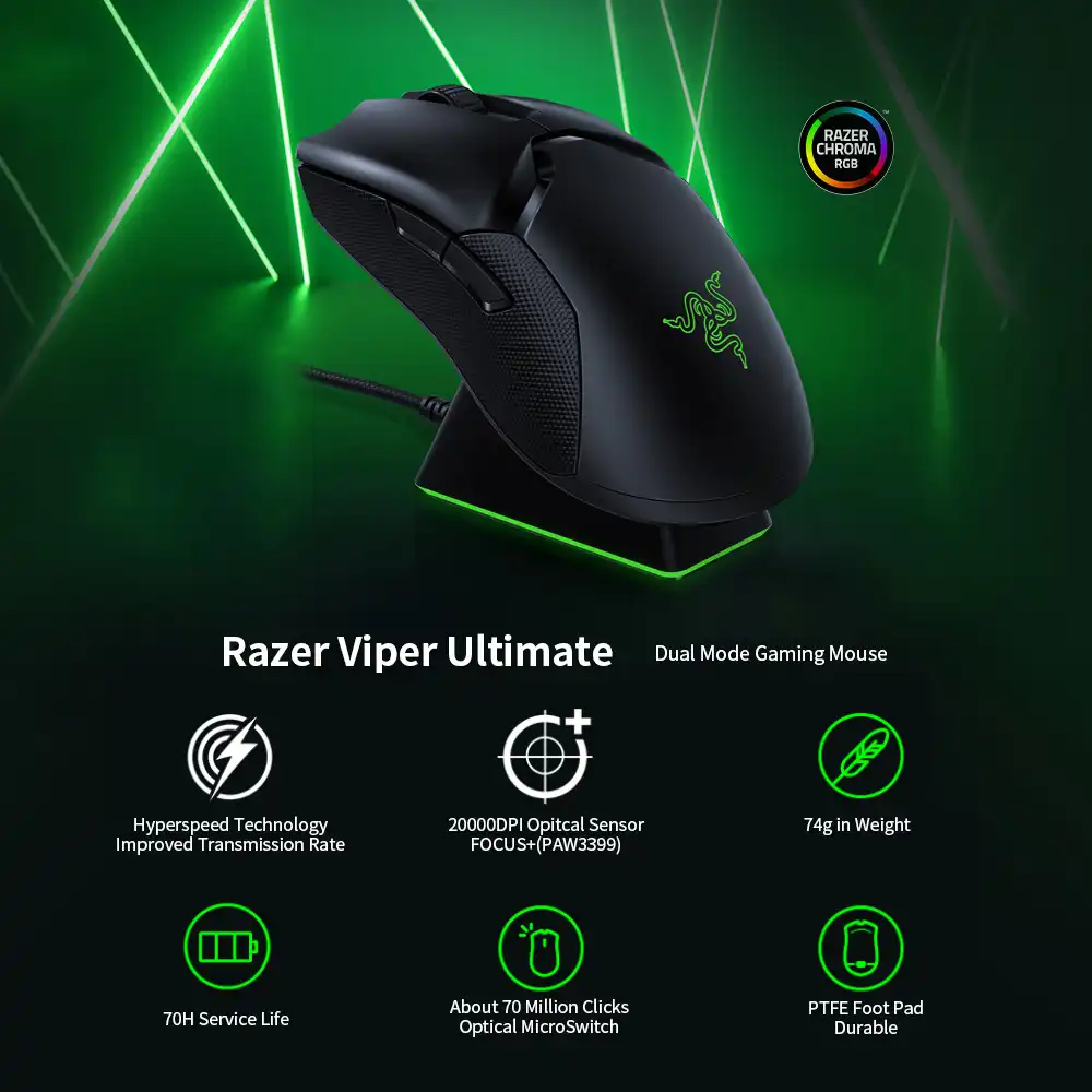 Razer Viper Ultimate Hyperspeed Lightest Wireless Gaming Mouse Focus Optical Sensor 000dpi 8 Programmable Button For Computer Mice Aliexpress