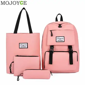 

4pcs Casual Nylon Women Large Capacity Backpack College Student Shoulder Top-handle Bags Simple Student Clutch Pen Bag