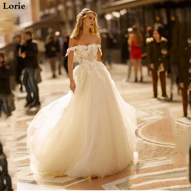LORIE/кружевные свадебные платья, с открытыми плечами, с аппликацией, ТРАПЕЦИЕВИДНОЕ ПЛАТЬЕ для невесты, свадебное платье принцессы, пышное стильное платье de mariee