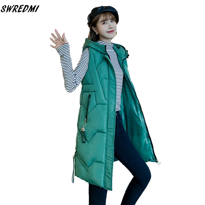 SWREDMI Autumn And Winter Women's Vest Thickening Warm Long Waistcoat Sleeveless Female Jacket Coat Hooded Outerwear Parka Girls