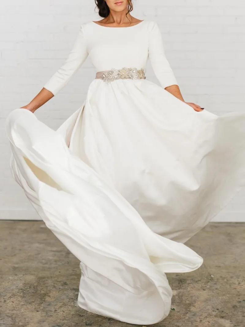 New Boho Soft Satin Modest Wedding Dresse 3/4 Sleeves Beaded Blet Low Back Country Bridal Gowns Vestiods De Novia images - 6
