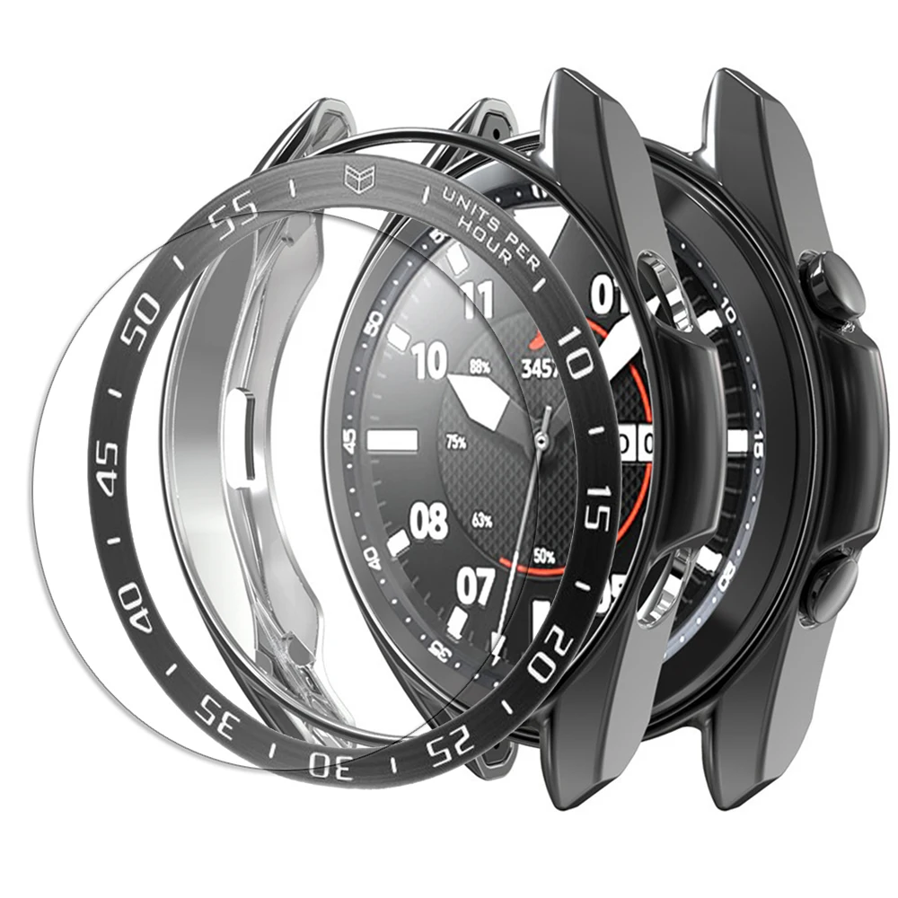 Funda + película de vidrio + anillo bisel para samsung galaxy watch 3, 45mm, 41mm, funda protectora de pantalla de vidrio templado