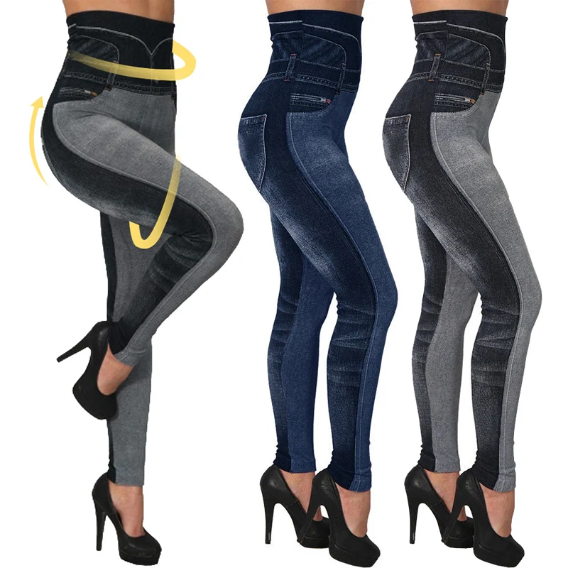 Alta cintura pantalones vaqueros de imitación Leggings delgados y elásticos sin costura de talla grande 3XL Pantalón ajustado tipo lápiz entrenamiento femenino Leggings para correr