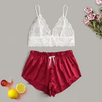 

Pajamas Set Plus Size Womens Sexy Lace Lace Wireless Bra Satin Shorts Underwear Lingerie Pajamas nachtkleding vrouwen T#