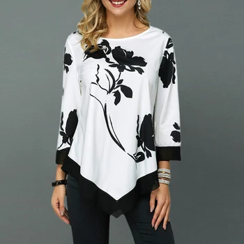 

Floral Printed Women Shirt Asymmetric Hem Autumn Blouse Shirt For Woman Flower Print Tops O Neck Blusas Fashion Female Camisa