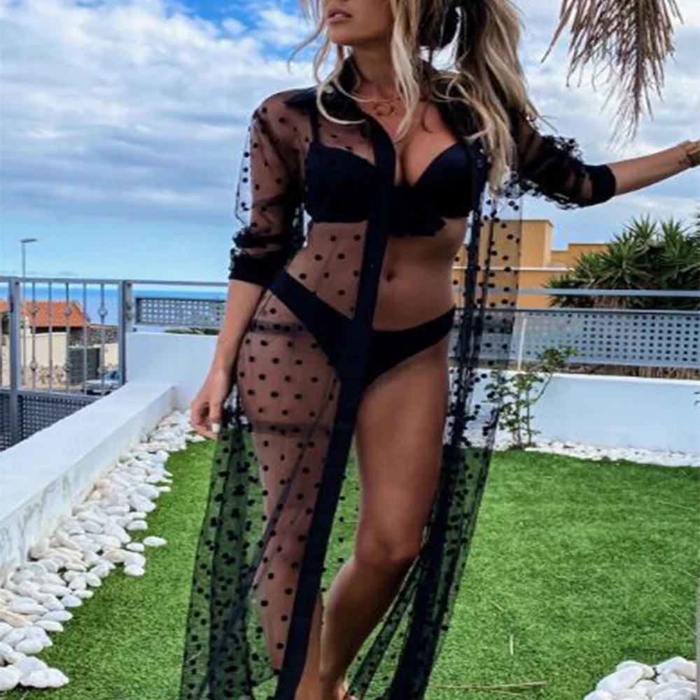 bathing suits with matching cover ups Women's Polka Dot Sexy Shatang Work Clothes Lapel Thin Long Sleeve Mesh Perspective Holiday Beach Suit cute bathing suit cover ups