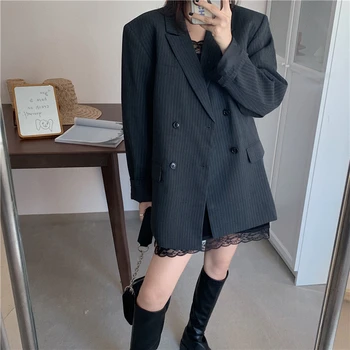 

HziriP OL Notched Vintage British Style Striped Blazer Female Jacket 2020 New Autumn Formal Long Sleeve Women Blazers Suit Coat