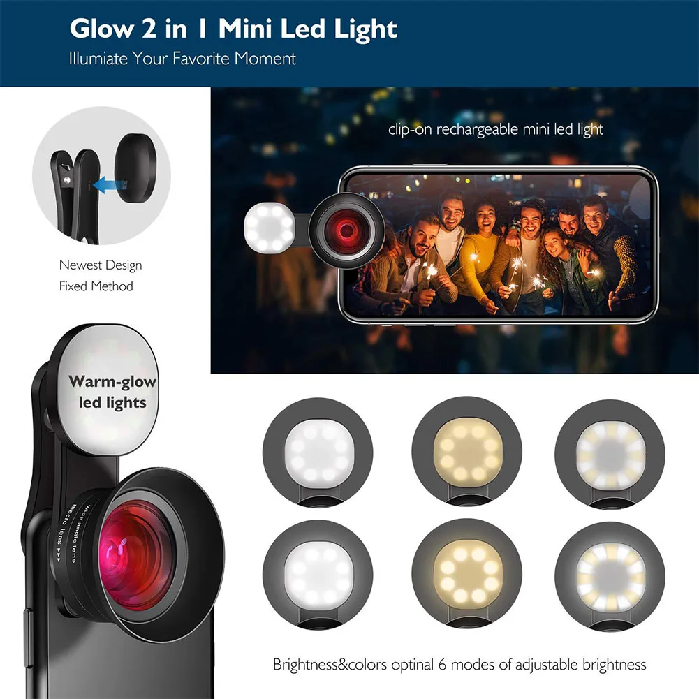 Camera Distortionless Fish Eye Outdoor Universal Clip-on Led Macro Wide Angle Fill Light Mobile Phone Lens HD Portable Removable
