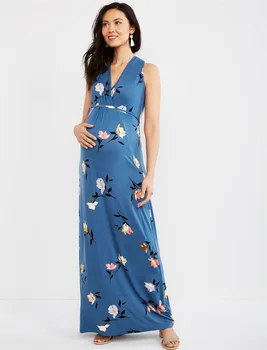 

Sweet V-neck Maternity Dress Printed Milk Silk Maternity Skirt Temperament Was Thin Long Dress Bohemian
