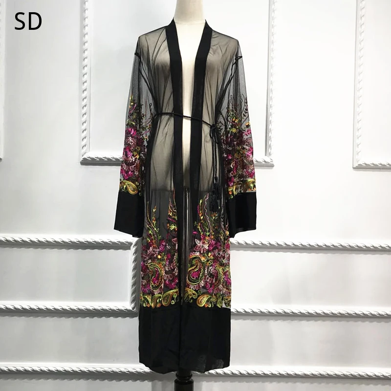 

Floral Embroidery Sheer Blouse Cardigan Clothing Roupas Feminina Plus Size Long Shirt Women Kimono Plage Mujer