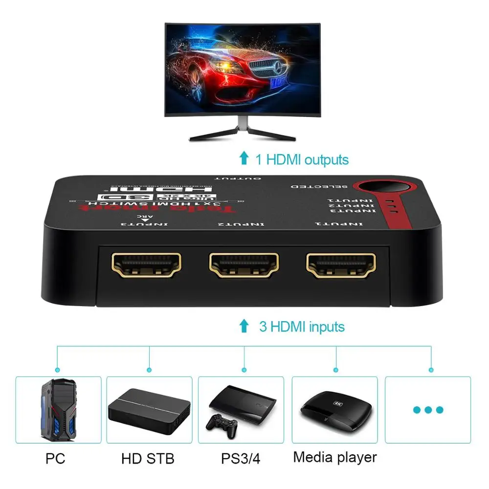  Auto Switch 3 Port Ultra HD 4K Video HDMI Switch 3 in 1 out HDMI Switch Switcher 3x1 IR Remote For 