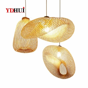 

Japanese Bamboo Wicker Rattan Pendant Light Vintage Wave Shade living room Hanging Lamp wooden Indoor home Dining Room Luminaire