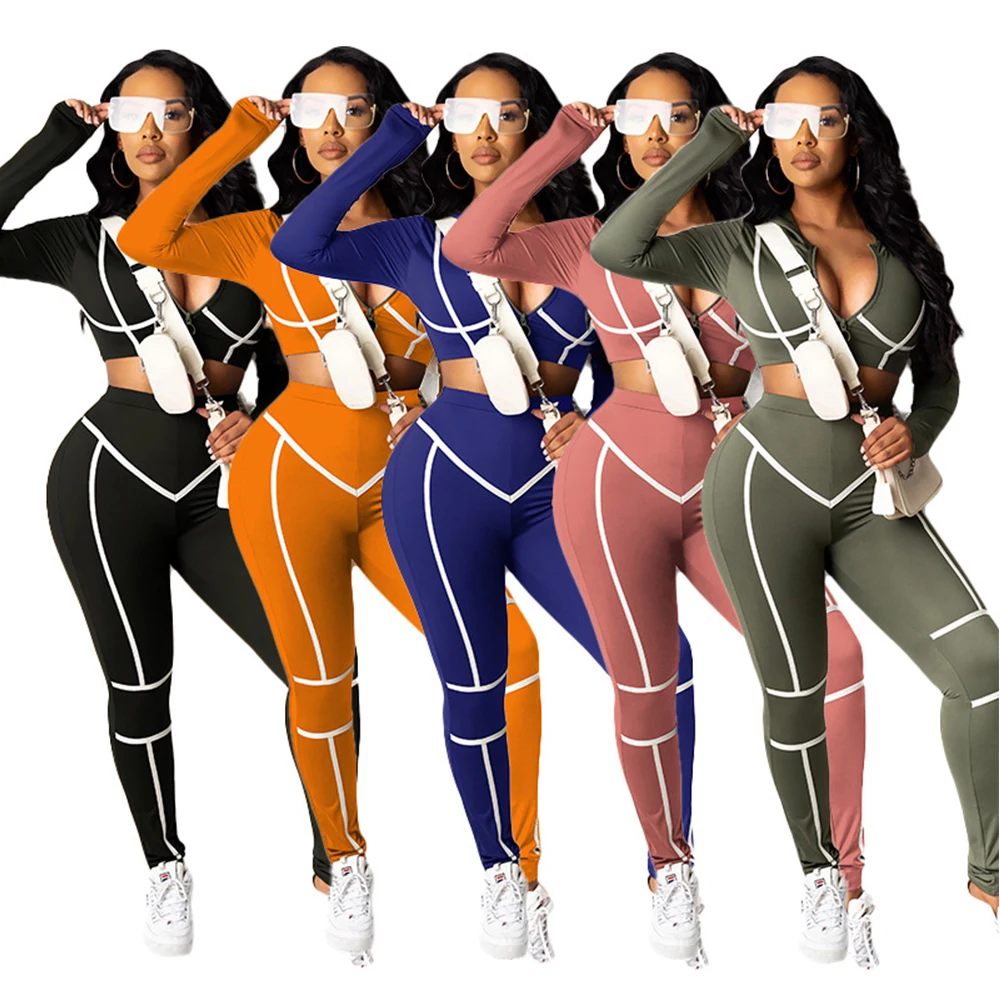 

Women Casual Sport Two Pieces Set Fitness Tracksuit Long Sleeve Zipper Crop Tops Pencil Leggings Fashion Sportswear Outfits