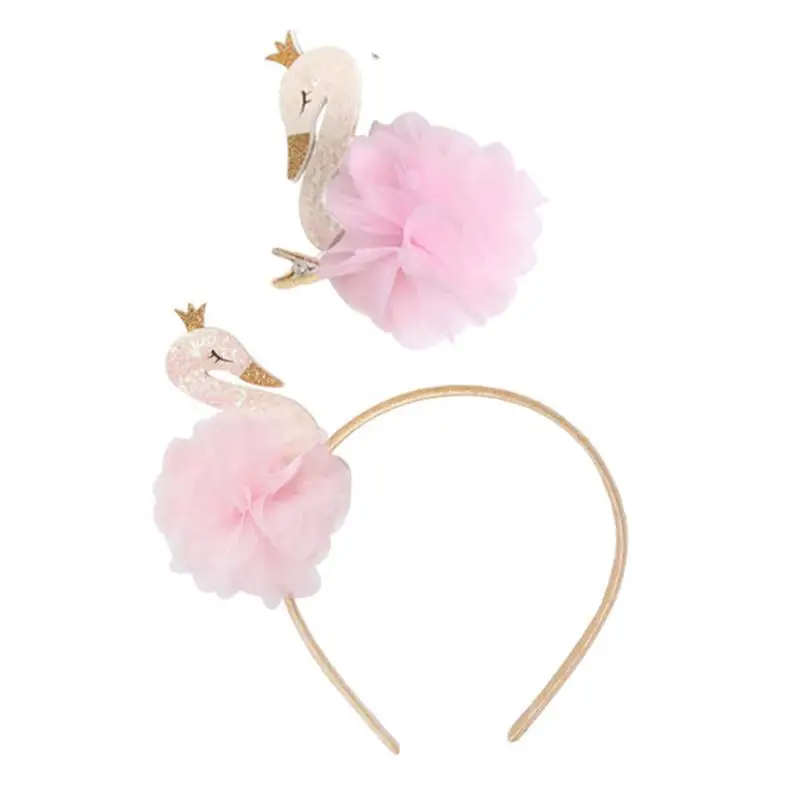 

2020 New Fashion Baby Girls Cute 2pcs Gauze Flower Headdress Swan Hair Hoop Cartoon Hair Clip Fashion Girls Gauze Hair Ornament