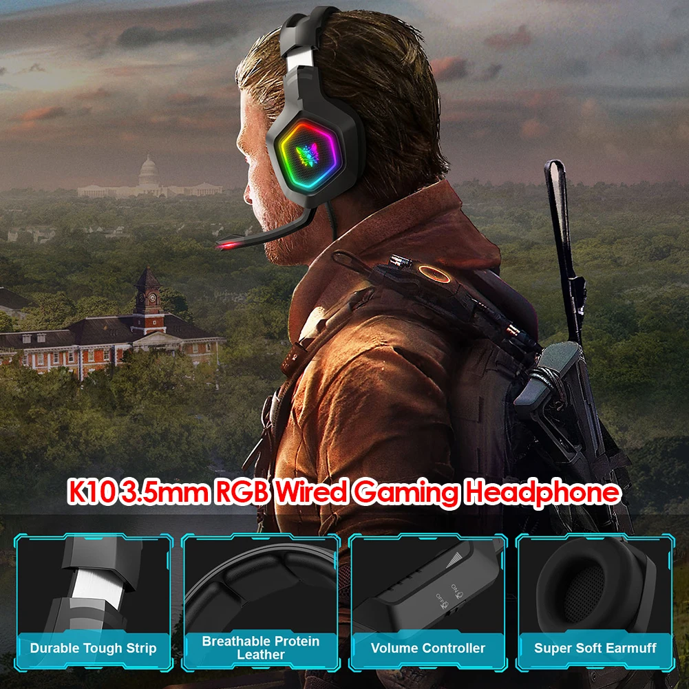 Wired Earphone HiFi Headphones K10 RGB Lighting Wired Headphone Computer PC Music Gaming 3 5mm Headset with Mic