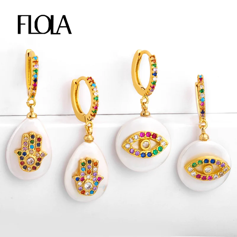 

FLOLA Rainbow Fatima Hand Baroque Pearl Earrings Turkish Eye Earring Huggies 24K Gold Rainbow Jewelry aretes mano fatima ersr52