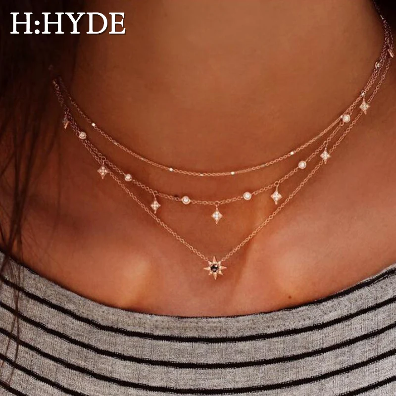

H:HYDE Stars Crystal Zircon Beads Sun Flower Pendant Thin Multi Layers Necklaces Gold Rhinestone Choker Necklace Jewelry Gift