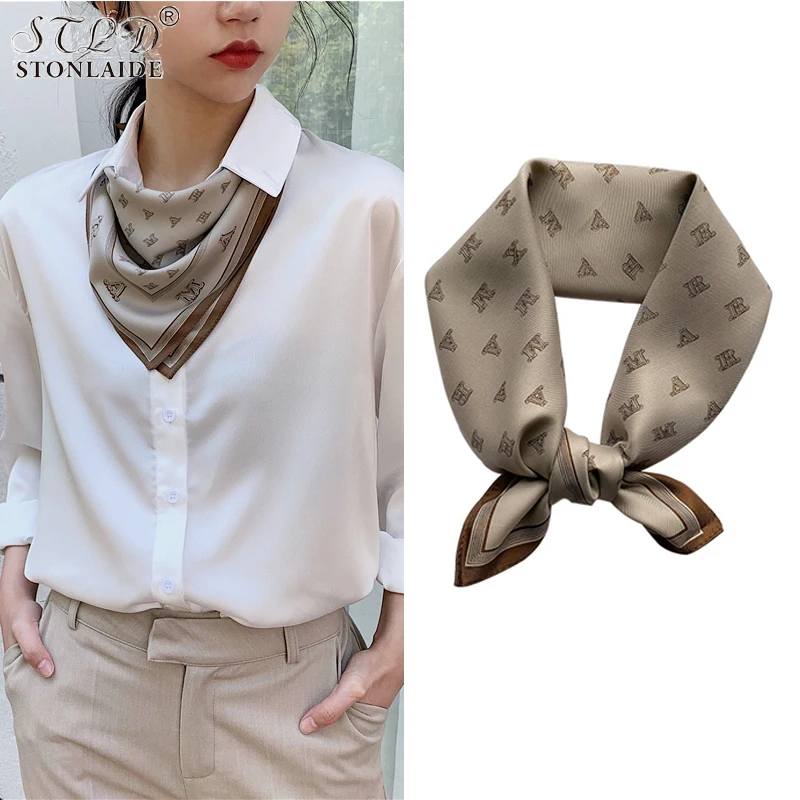 

French Small Square Women Twill Silk Neckerchiefs Top Quality Female Korean Joker Letter Printing Thin Professional Stewardess